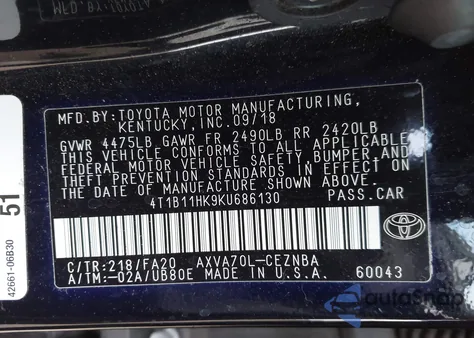 2019 Toyota Camry Le z USA, uszkodzony, nr VIN 4T1B11HK9KU686130